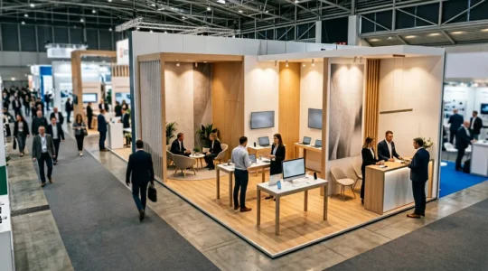 Stand d'exposition professionnel de 18m² sur un salon B2B avec aménagement stratégique