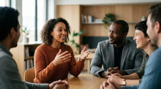 Scène évocatrice représentant la transformation narrative d'une audience en communauté engagée grâce au storytelling marketing