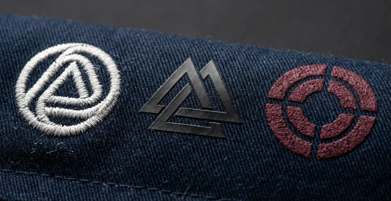 Gros plan sur différentes textures de marquages textiles professionnels montrant les reliefs et finitions de broderie, flocage et sérigraphie sur tissus techniques pour vêtements de travail