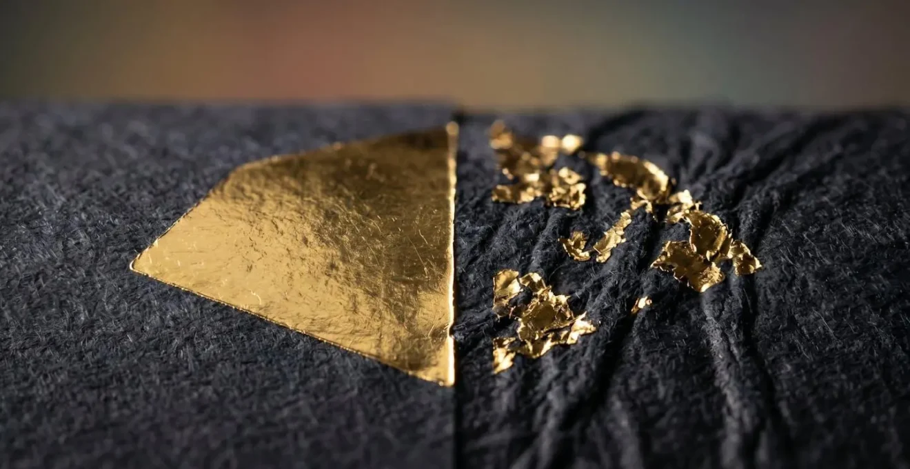 Vue en coupe d'un papier texturé montrant l'adhésion partielle du film de dorure