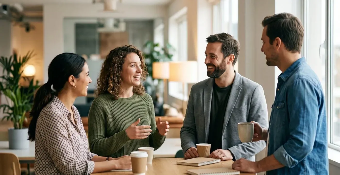 Moments de collaboration spontanée entre collègues illustrant la fierté d'appartenance et le partage authentique de l'expérience employé