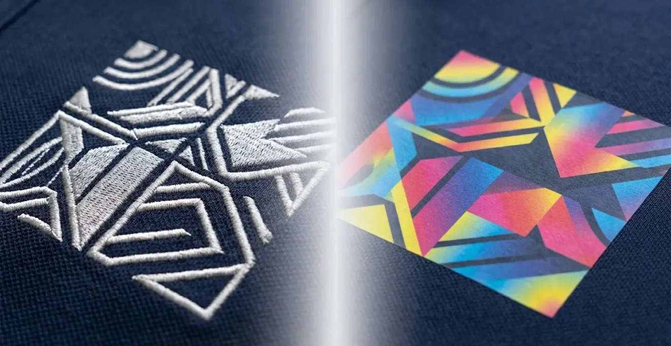 Comparaison visuelle entre le relief artisanal d'une broderie classique et la finesse moderne d'une impression DTF sur textile premium pour vêtements professionnels