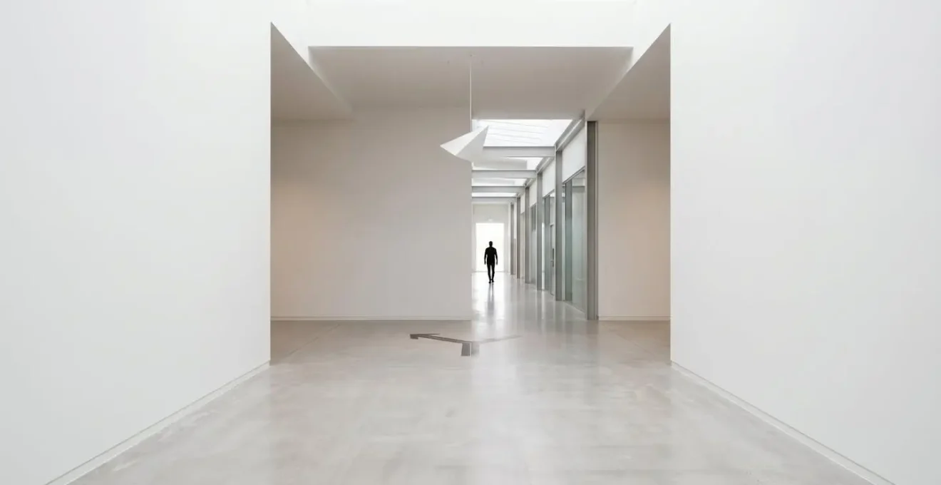 Espace architectural minimaliste avec signalétique discrète et épurée favorisant la clarté cognitive