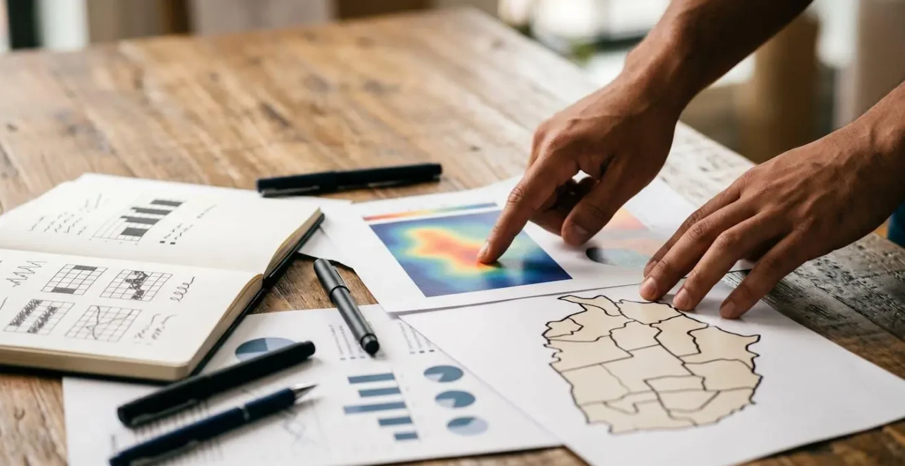 Chercheur analysant des données régionales avec graphiques et cartes sur table de travail