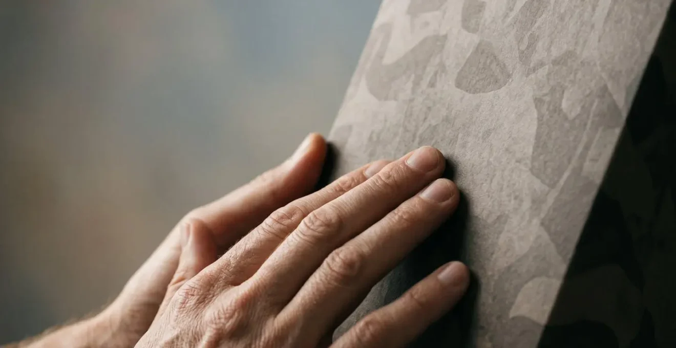 Mains effleurant délicatement un packaging avec finition soft touch révélant la texture