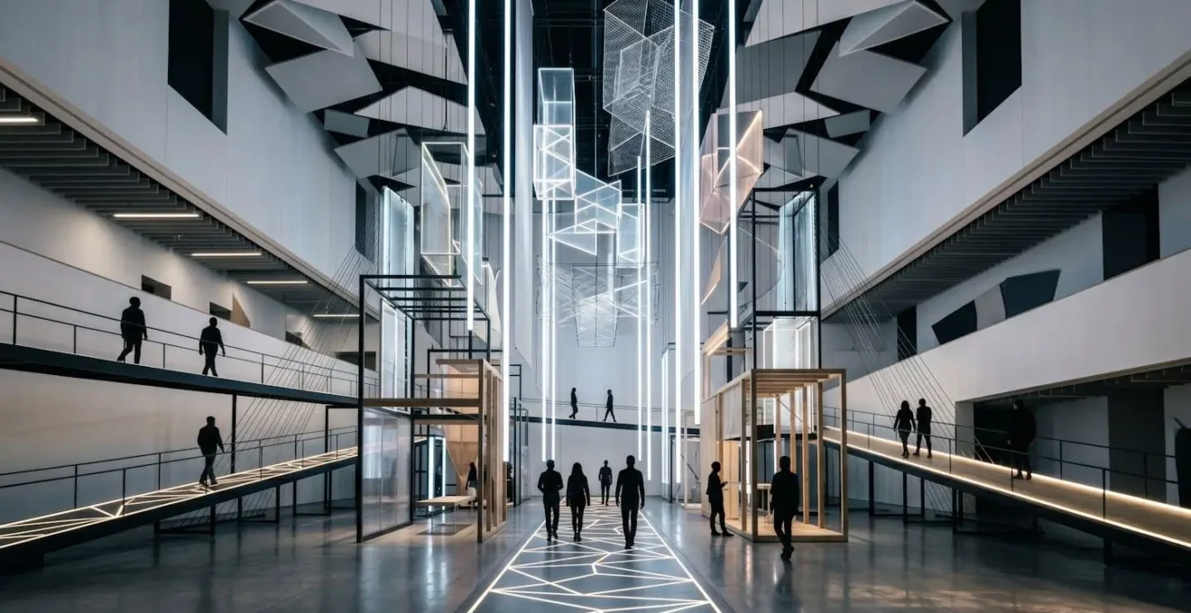 Installation scénographique utilisant la hauteur verticale avec éléments suspendus et projections au sol