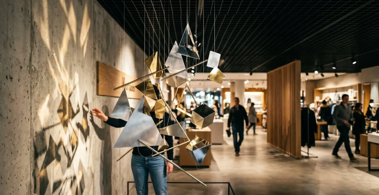Installation artistique interactive avec des éléments réactifs à la lumière et au mouvement dans un espace retail