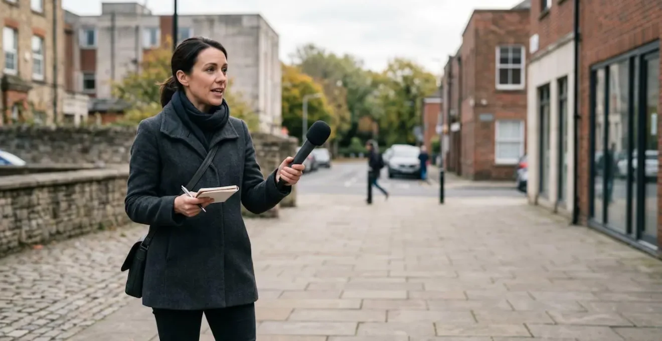 Journaliste en action sur le terrain avec micro lors d'une couverture médiatique locale