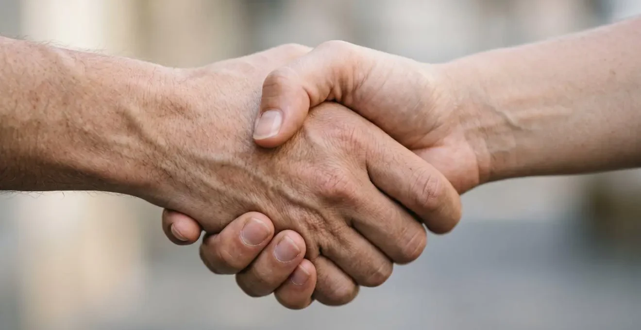 Details macro de mains professionnelles echangeant une poignee de main symbolisant le recrutement et la confiance