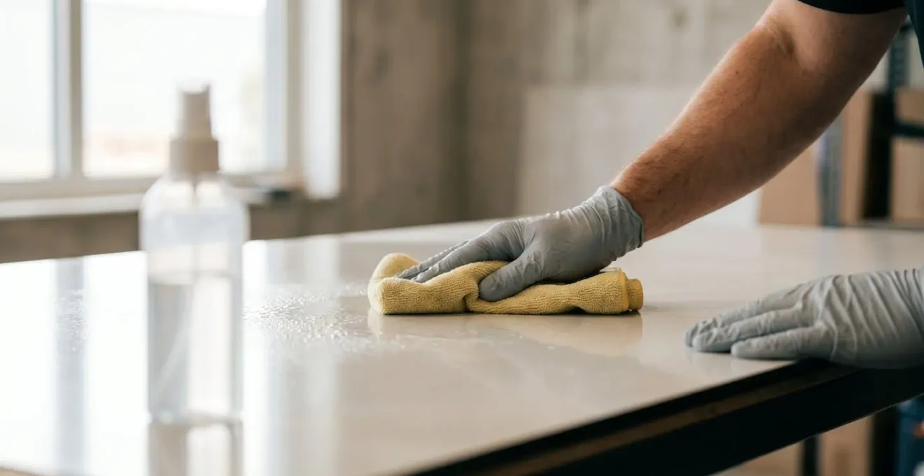 Nettoyage professionnel d'un panneau laminé avec chiffon microfibre et solution douce