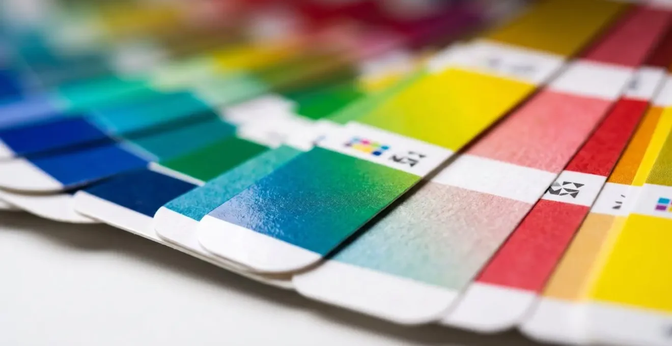 Gros plan macro sur un eventail de nuancier Pantone montrant les variations de couleur entre papier couche et non couche