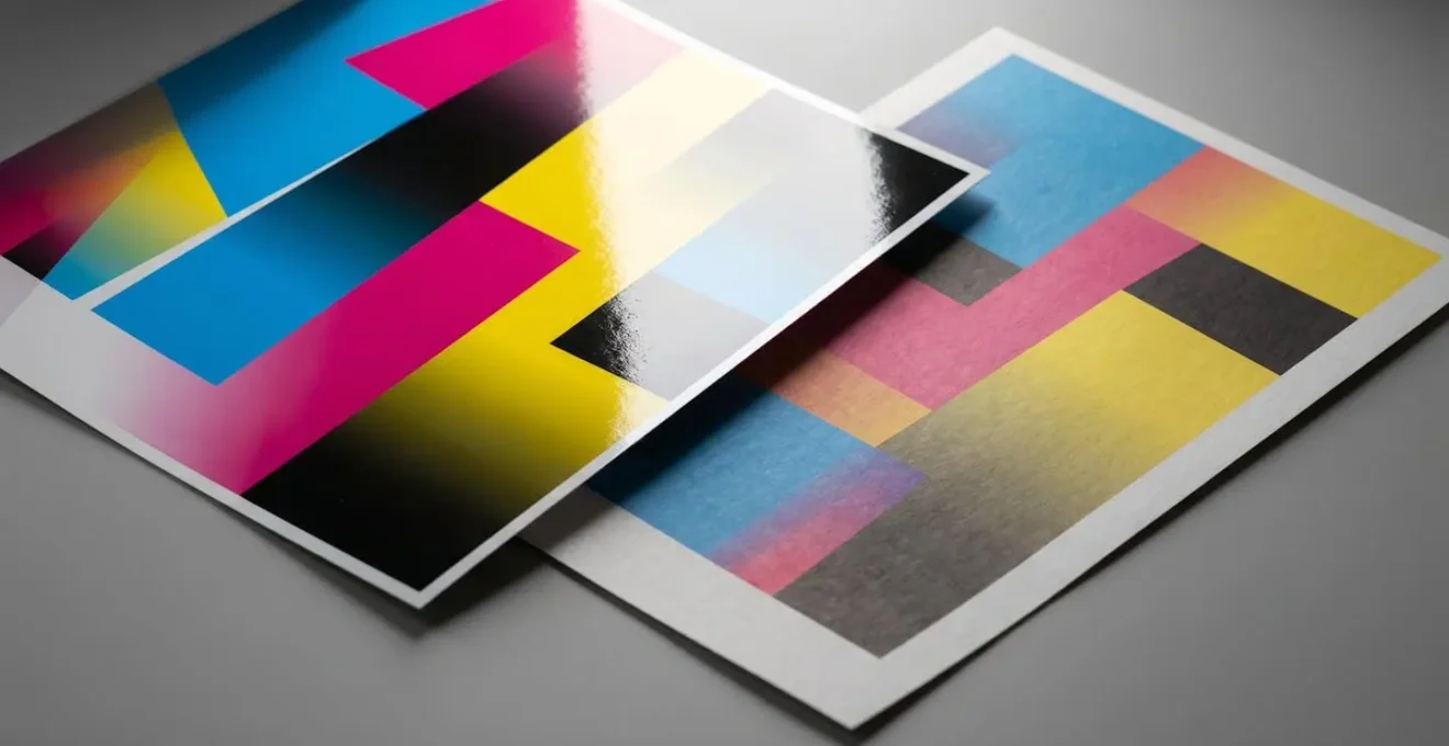 Vue rapprochee d'une feuille de papier couche imprimee en quadrichromie montrant la vivacite des couleurs et la nettete des details
