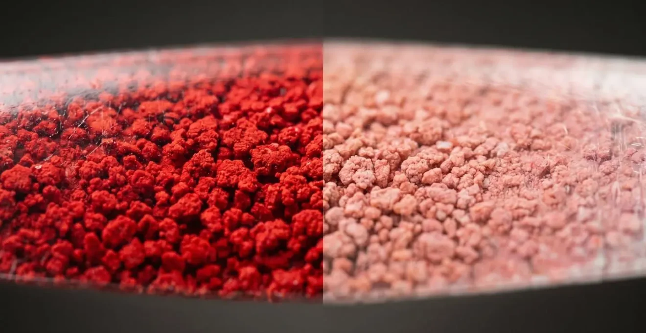 Gros plan macro sur la surface d'une impression montrant la différence de saturation des pigments exposés aux UV
