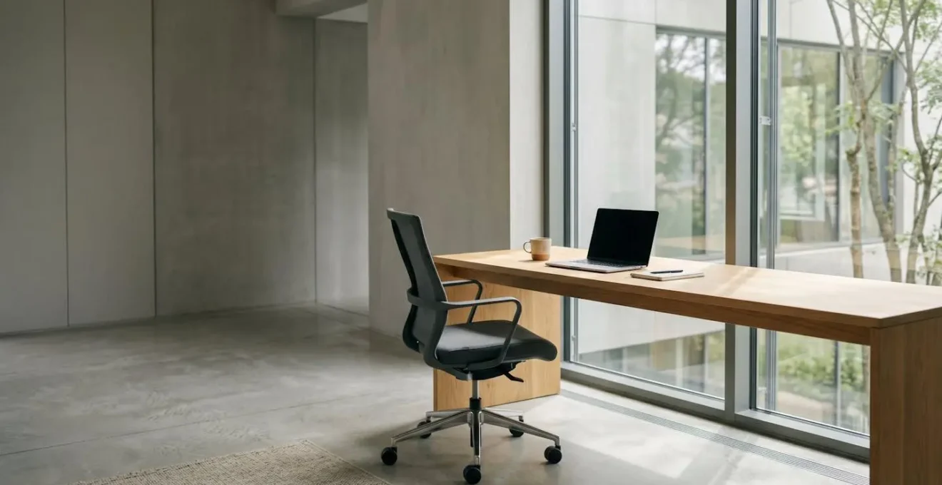 Espace de travail contemporain vide avec chaise et lumiere naturelle symbolisant le travail hybride